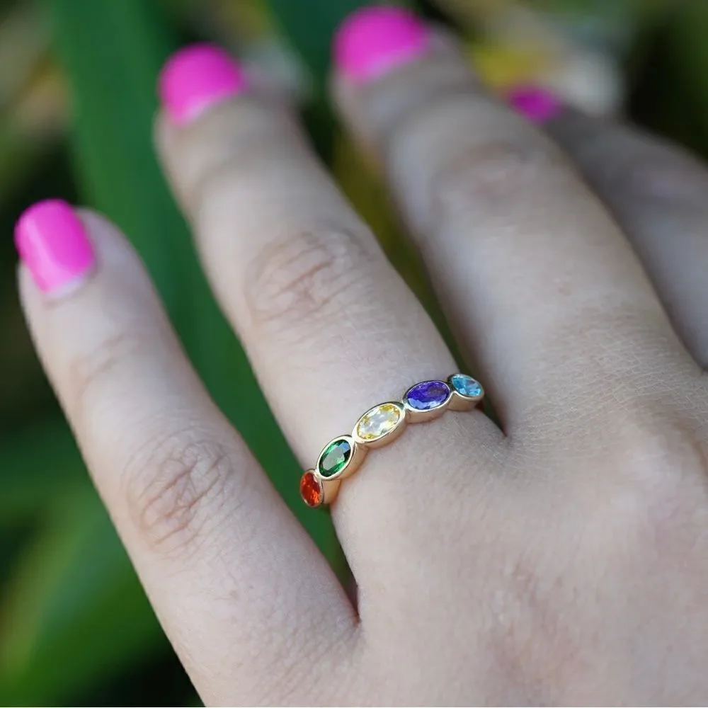 14k Solid Gold Multi-Color Stone Ring | Size 7 | Dainty Gemstone Ring |